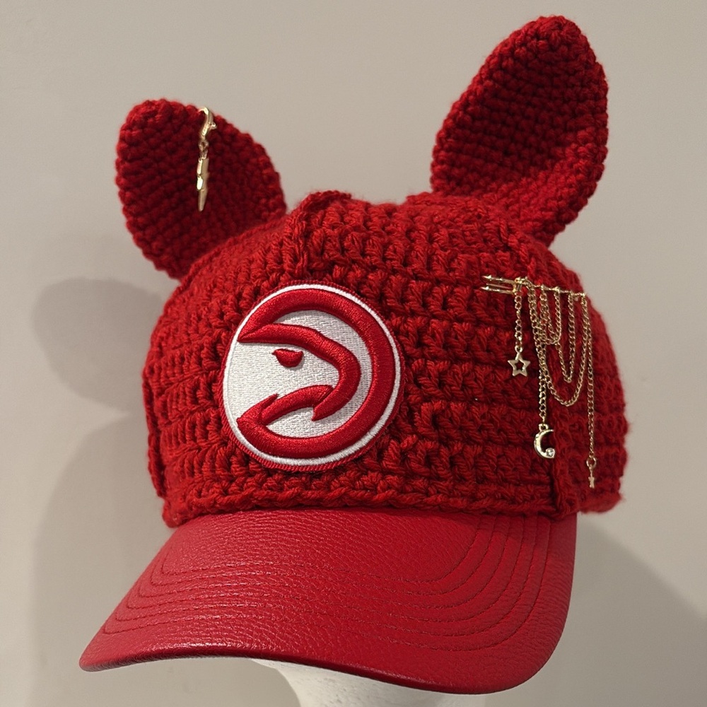 Red Crocheted Cap Leather Brim with Ear Details